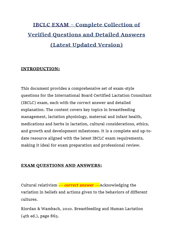 IBCLC EXAM – Complete Collection of Verified Questions and Detailed Answers (Latest Updated Version)