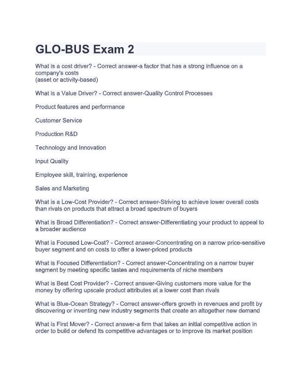 GLO-BUS Final Exam Study Guide 2025–2026 | Accurate Questions & Detailed Answers | 100% Pass Guarant