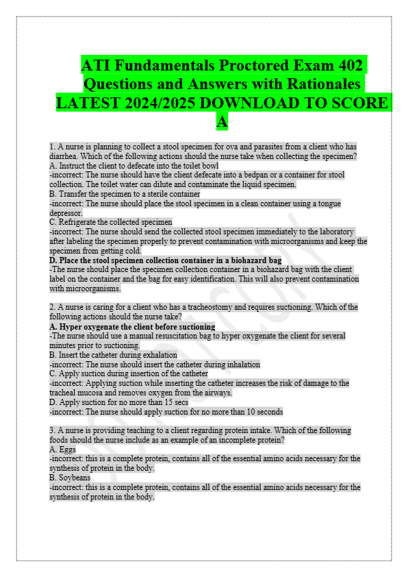 ATI Fundamentals Proctored Exam 402  Questions and Answers with Rationales  LATEST 2024/2025