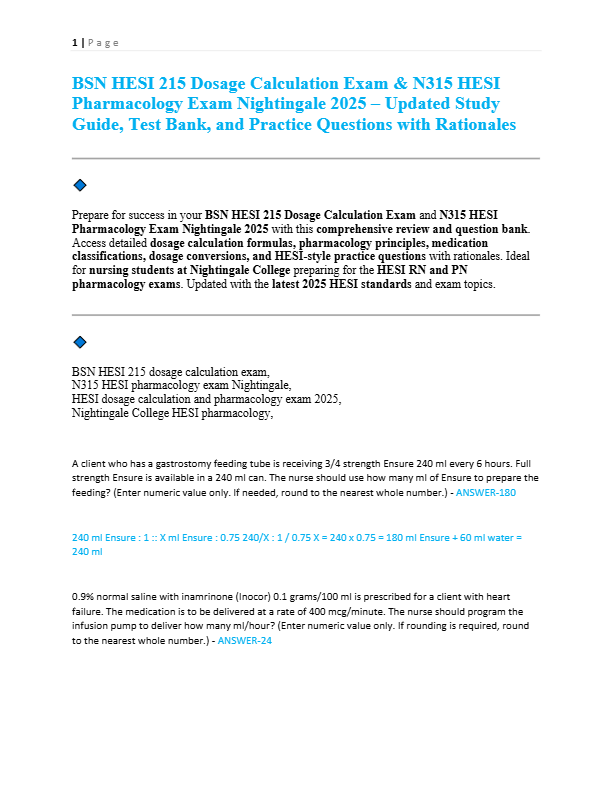 BSN HESI 215 Dosage Calculation Exam & N315 HESI Pharmacology Exam Nightingale 2025