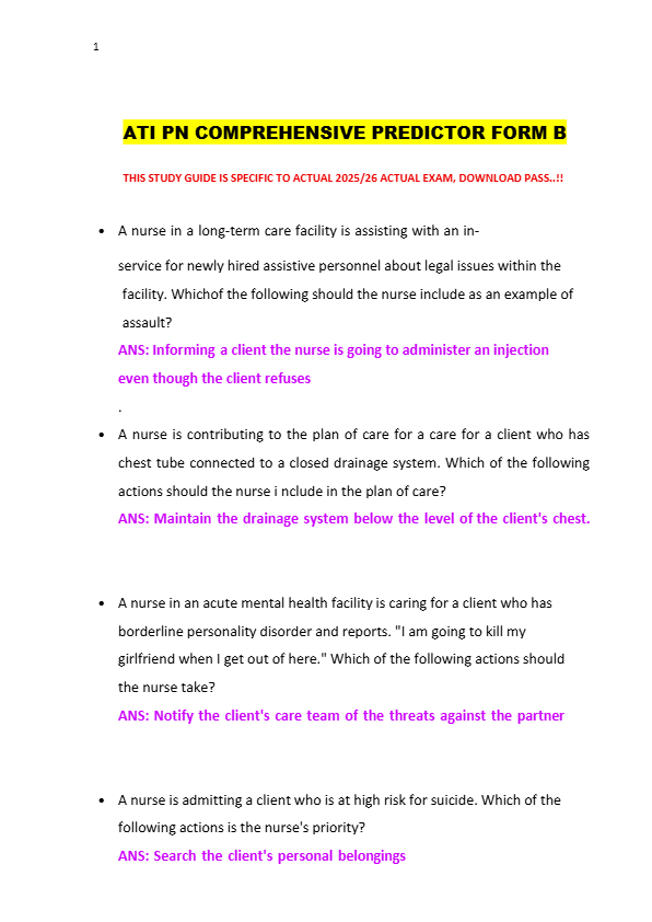 ATI PN COMPREHENSIVE PREDICTOR FORM B   THIS STUDY GUIDE IS SPECIFIC TO ACTUAL 2025/26 ACTUAL EXAM,