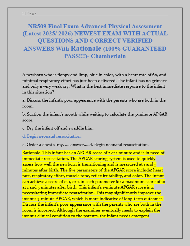 NR509 Final Exam Advanced Physical Assessment 2025/2026 | Actual Questions & Verified Answers | 100%