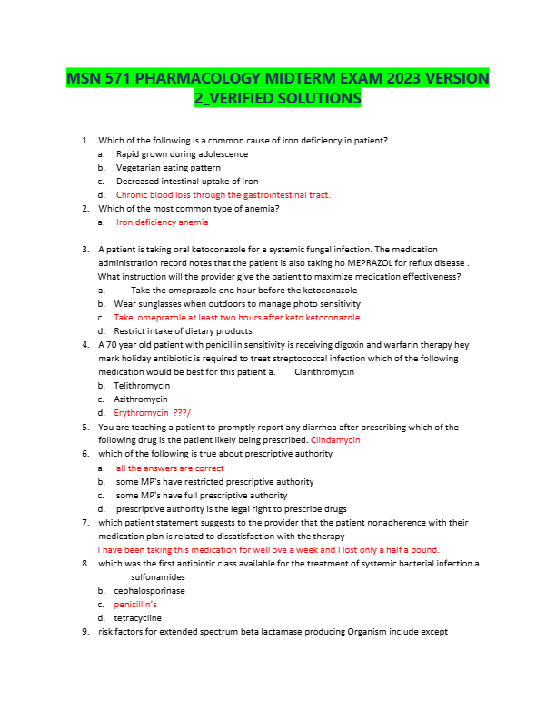 MSN 571 PHARMACOLOGY MIDTERM EXAM 2023 VERSION  2 VERIFIED SOLUTIONS
