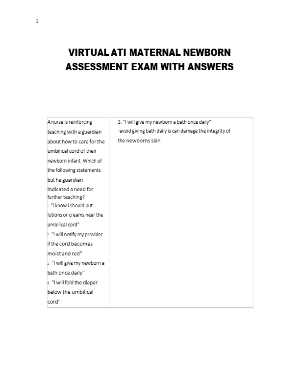 VIRTUAL ATI MATERNAL NEWBORN  ASSESSMENT EXAM WITH ANSWERS