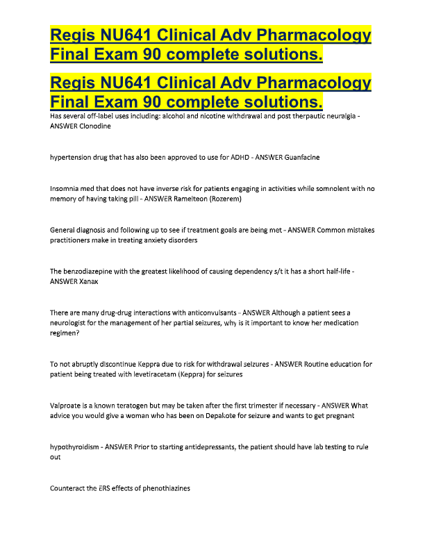 NU641 Clinical Pharmacology Exam Answers 2025 | Regis University | Verified & Accurate