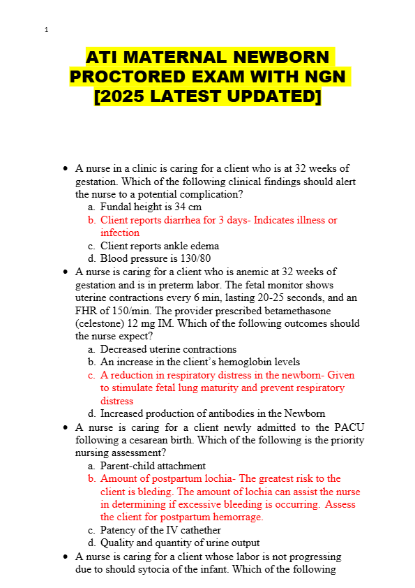 ATI MATERNAL NEWBORN  PROCTORED EXAM WITH NGN  [2025 LATEST UPDATED]