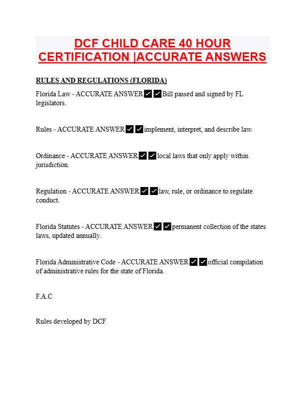 DCF 40-Hour Child Care Certification Exam 2025–2026 | Complete Study Guide & Verified Answers