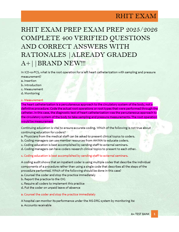 RHIT EXAM PREP EXAM PREP 2025/2026  COMPLETE 400 VERIFIED QUESTIONS  AND CORRECT ANSWERS WITH  RATIO