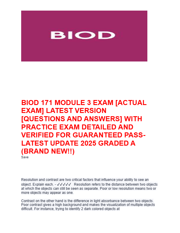 BIOD 171 MODULE 3 EXAM [ACTUAL  EXAM] LATEST VERSION  [QUESTIONS AND ANSWERS] WITH  PRACTICE EXAM DE