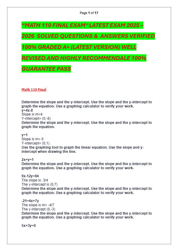 “MATH 110 FINAL EXAM” LATEST EXAM 2025 –  2026  SOLVED QUESTIONS &  ANSWERS VERIFIED  100% GRADED A+