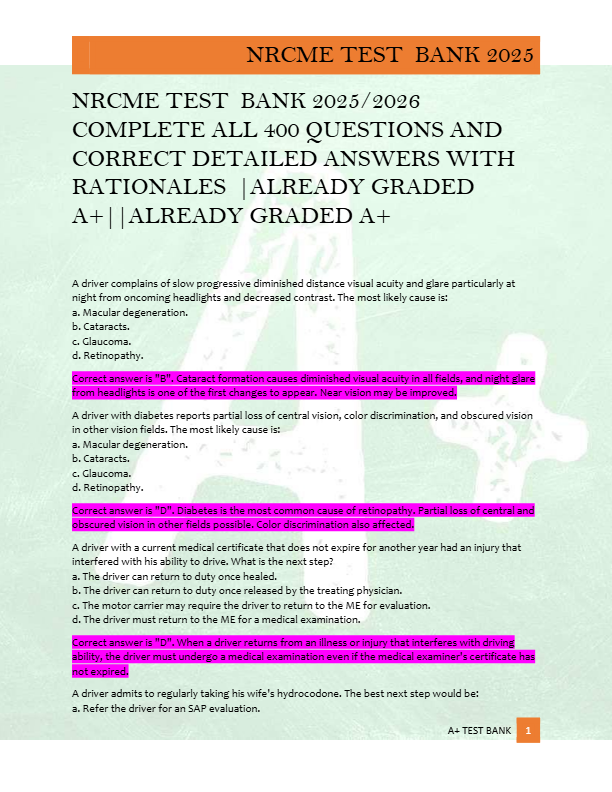 NRCME TEST  BANK 2025/2026  COMPLETE ALL 400 QUESTIONS AND  CORRECT DETAILED ANSWERS WITH  RATIONALE