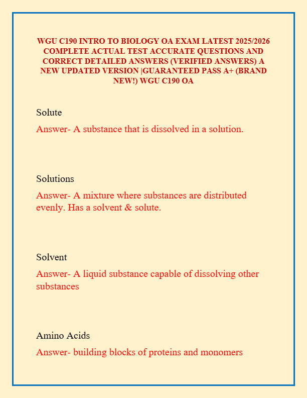 WGU C190 INTRO TO BIOLOGY OA EXAM LATEST 2025/2026  COMPLETE ACTUAL TEST ACCURATE QUESTIONS AND  COR