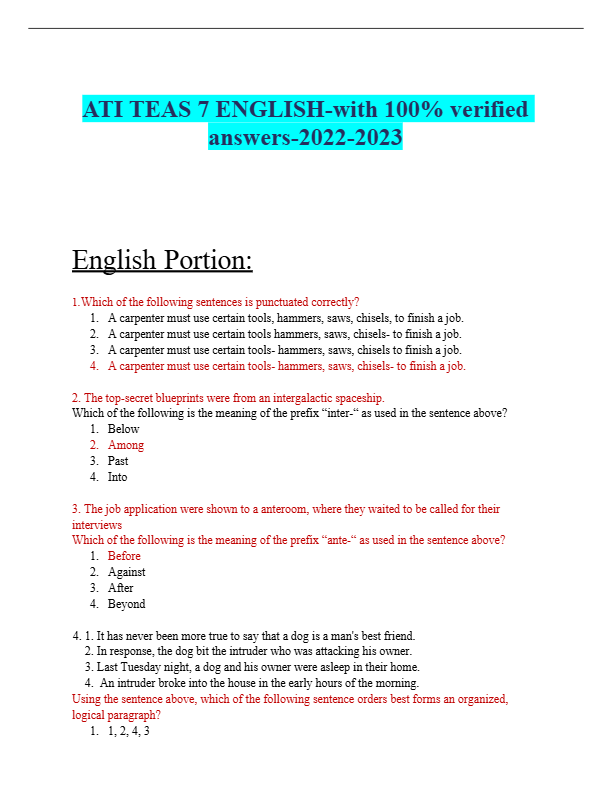ATI TEAS 7 ENGLISH-with 100% verified  answers-2024-2025