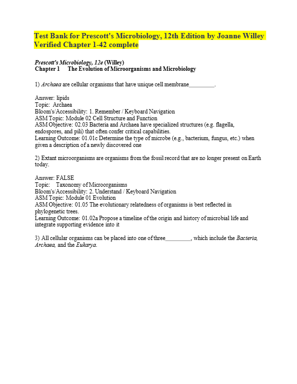 Test Bank for Prescott's Microbiology 12th Edition by Joanne Willey  Verified Chapter 1-42 complete