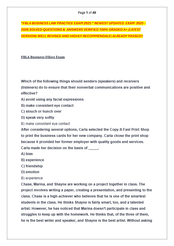 “FBLA BUSINESS LAW PRACTICE EXAM 2025 “ NEWEST UPDATED  EXAM  2025 –  2026 SOLVED QUESTIONS &amp;  ANSWE