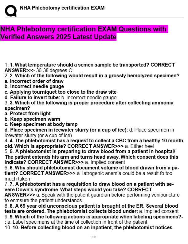 NHA Phlebotomy Exam Questions 2025: Verified Answers & Study Guide