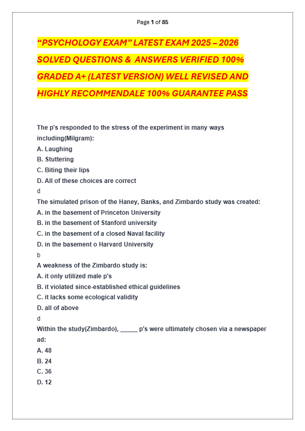 “PSYCHOLOGY EXAM” LATEST EXAM 2025 – 2026   SOLVED QUESTIONS &  ANSWERS VERIFIED 100%  GRADED A+ (LA