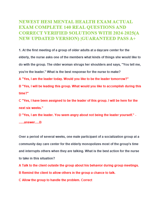 NEWEST HESI MENTAL HEALTH EXAM ACTUAL EXAM COMPLETE 140 REAL QUESTIONS AND CORRECT VERIFIED SOLUTION