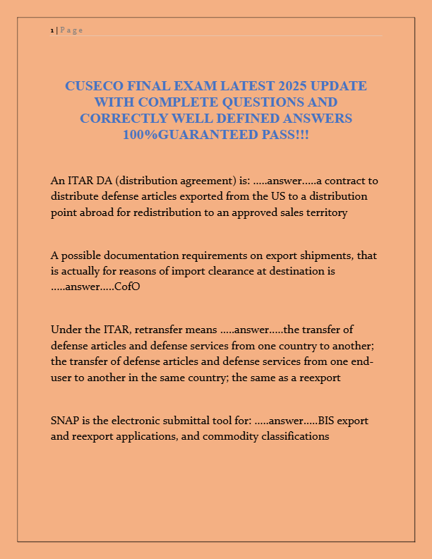 CUSECO Final Exam 2025: Complete Questions & Verified Answers | 100% Guaranteed Pass