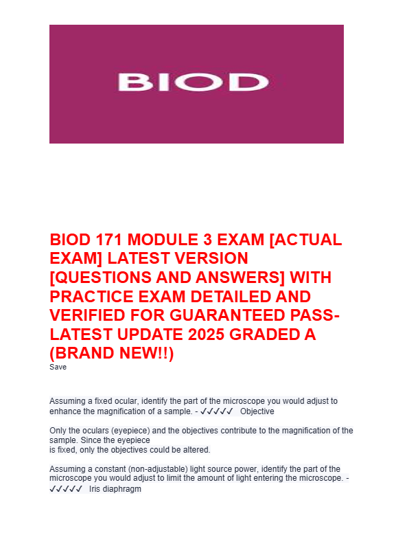 BIOD 171 MODULE 3 EXAM [ACTUAL  EXAM] LATEST VERSION  [QUESTIONS AND ANSWERS] WITH  PRACTICE EXAM DE