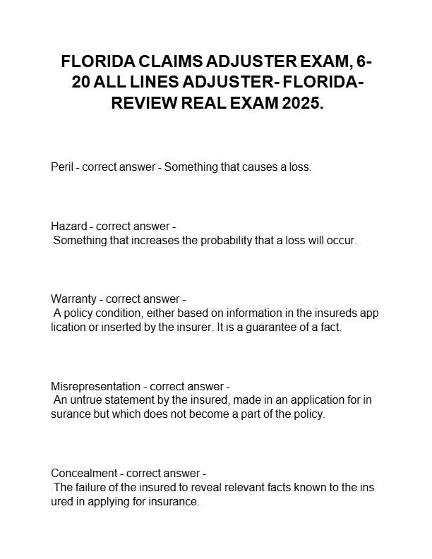 2025 Florida Claims Adjuster Exam Prep: 450 Practice Questions & Verified Answers | All Lines Adjust