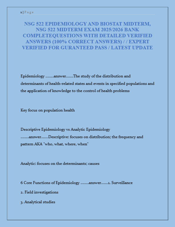 NSG 522 Epidemiology & Biostatistics Exam 1 & 2 2025: Complete Question Bank with Detailed Verified