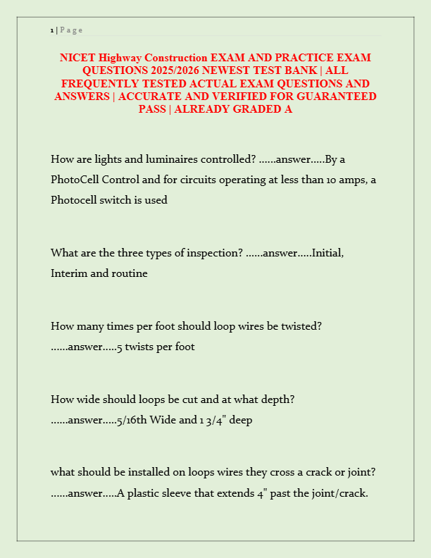 NICET Highway Construction Exam 2025: Newest Practice Questions & Verified Answers | Test Bank for L