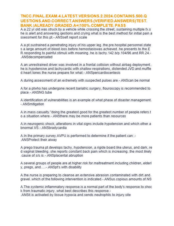 TNCC 9th Edition Exam Test Bank 2025 – 250 Verified Q&A | Trauma Nursing Core Course Study Guide