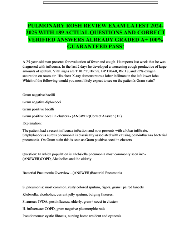 Pulmonary ROSH Exam 2025: Verified Questions & Detailed Answers Guide