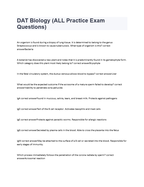 DAT Biology Practice Exam Questions 2025–2026: 100% Revised Answers & Complete Review