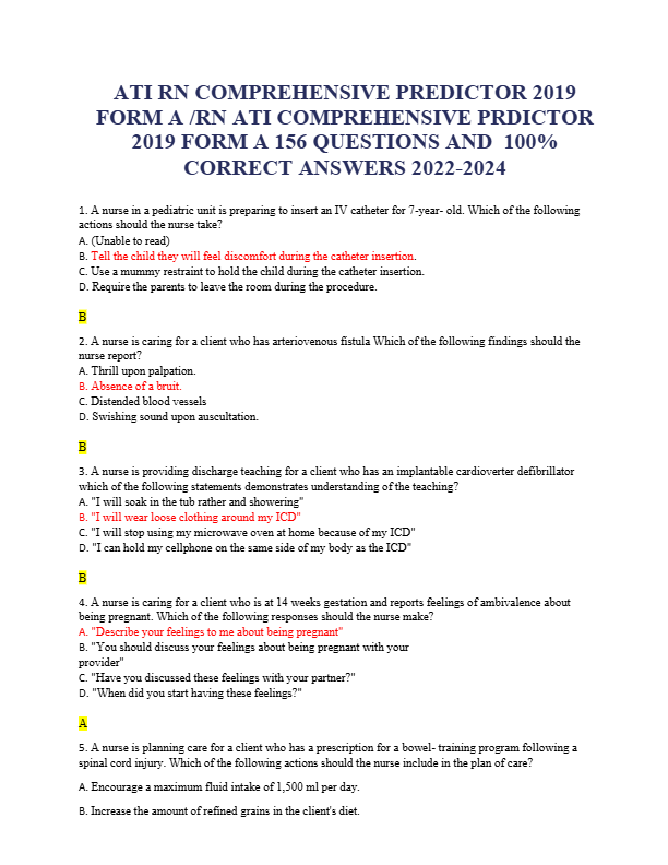 ATI RN COMPREHENSIVE PREDICTOR 2019 FORM A /RN ATI COMPREHENSIVE PRDICTOR 2019 FORM A