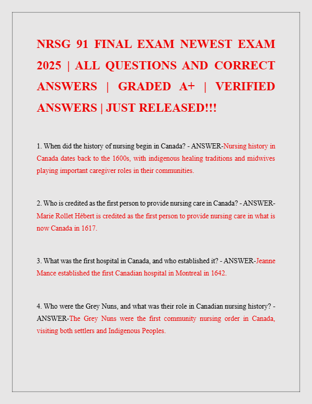 NRSG 91 FINAL EXAM NEWEST EXAM  2025 | ALL QUESTIONS AND CORRECT  ANSWERS | GRADED A+ | VERIFIED  AN