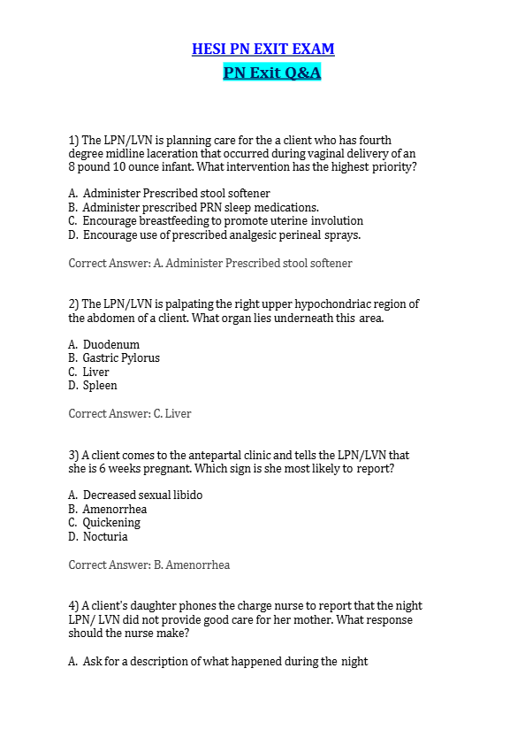 HESI PN EXIT EXAM  PN Exit Q&A