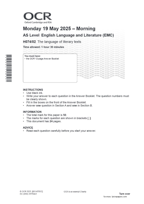 OCR AS Level English Language and Literature (EMC) H074/02 The language of literary tex JUNE 2025