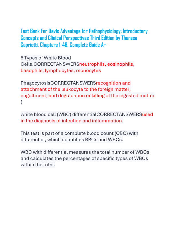 Pathophysiology Test Bank 2025 | Capriotti 2nd Edition | Davis Advantage | Acid-Base & Clinical Conc