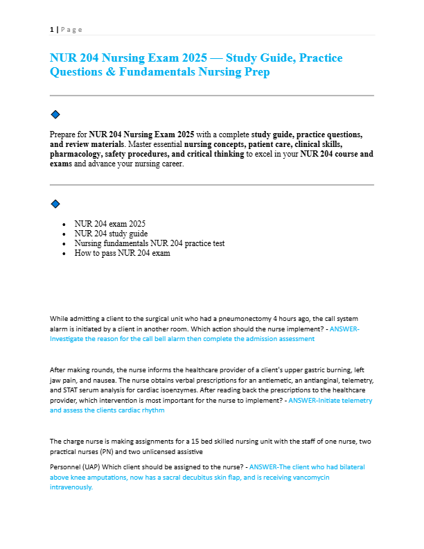 NUR 204 Nursing Exam 2025 — Study Guide, Practice Questions & Fundamentals Nursing Prep