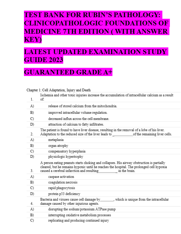 Test bank for rubin s pathology clinicopathologic foundations of medicine 7th edition with answer ke