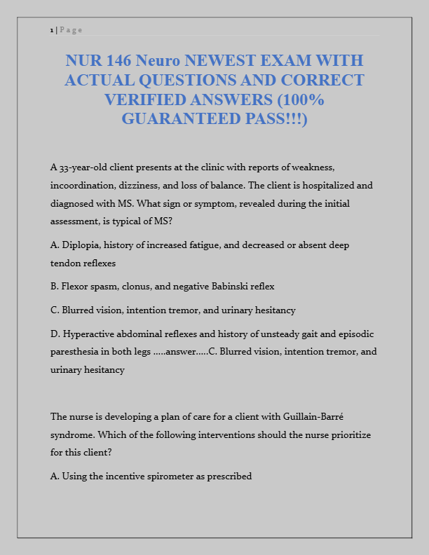 NUR 146 Neuro Exam 2025: Actual Questions & Verified Answers | 100% Pass Guarantee