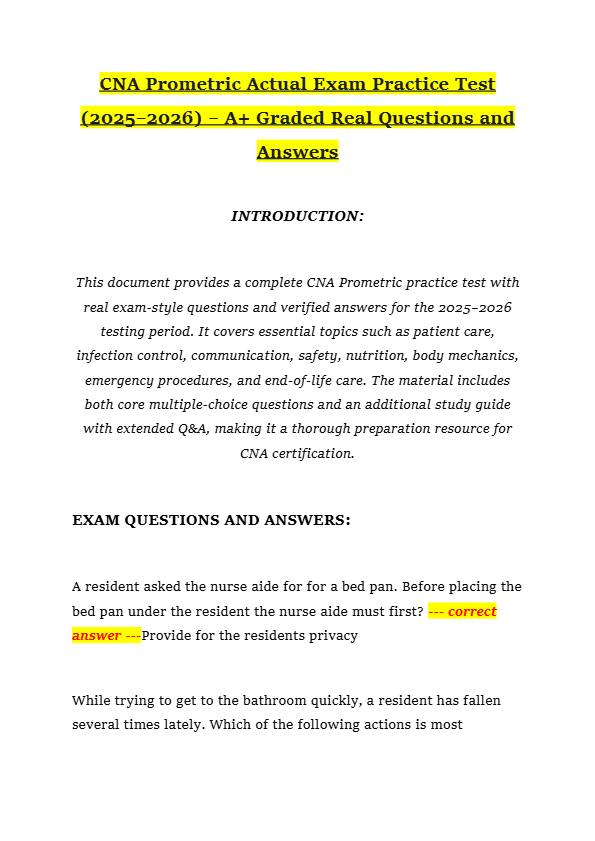 CNA Prometric Actual Exam Practice Test (2025–2026) – A+ Graded Real Questions and Answers
