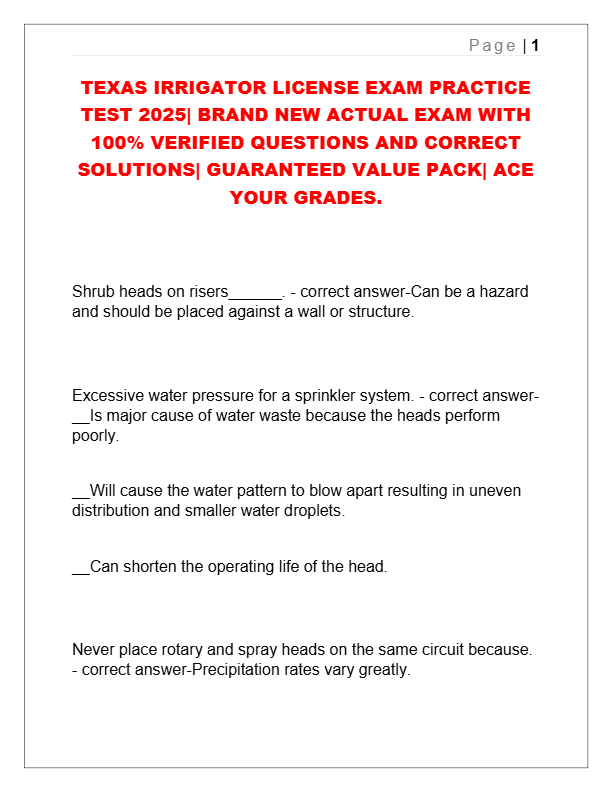 Texas Irrigator License Exam Practice Test 2025–2026: 100% Verified Questions & Answers | Guaranteed
