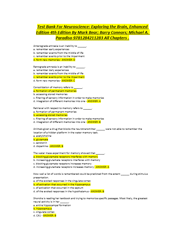 Neuroscience Test Bank 2025: Complete Review for Dale Purves' International 6th Edition (Chapters 1–