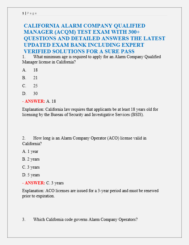 CALIFORNIA ALARM COMPANY QUALIFIED  MANAGER (ACQM) TEST EXAM WITH 300+  QUESTIONS AND DETAILED ANSWE