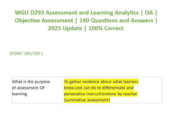 WGU D293 Assessment and Learning Analytics | OA | Objective Assessment | 190 Questions and Answers |