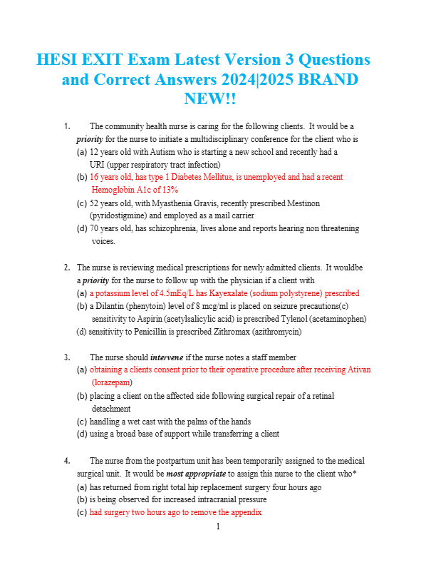 HESI EXIT Exam Latest Version 3 Questions  and Correct Answers 2024|2025 BRAND  NEW!!