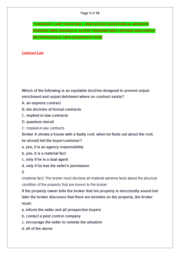 “CONTRACT LAW” EXAM 2025 – 2026 SOLVED QUESTIONS &  ANSWERS  VERIFIED 100% GRADED A+ (LATEST VERSION