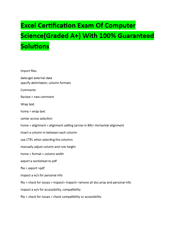 Excel Certification Exam Of Computer  Science(Graded A+) With 100% Guaranteed  Solutions