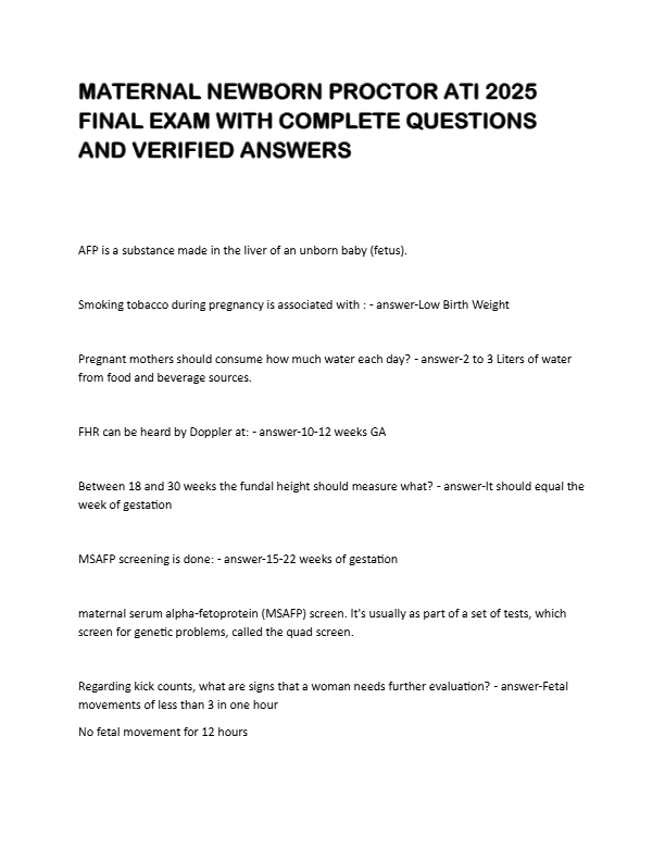 MATERNAL NEWBORN PROCTOR ATI 2025  FINAL EXAM WITH COMPLETE QUESTIONS  AND VERIFIED ANSWERS