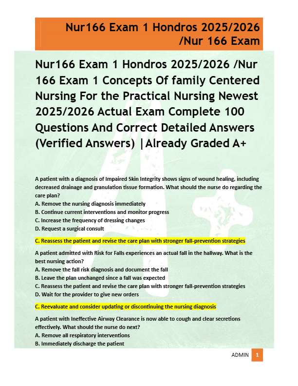 Nur166 Exam 1 Hondros 2025/2026 /Nur  166 Exam 1 Concepts Of family Centered  Nursing For the Practi
