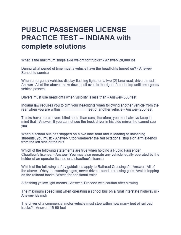 Indiana Public Passenger (For-Hire) License Practice Test 2025–2026 | Exam Questions & Answers