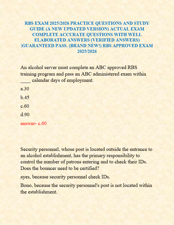 RBS EXAM 2025/2026 PRACTICE QUESTIONS AND STUDY  GUIDE (A NEW UPDATED VERSION) ACTUAL EXAM  COMPLETE